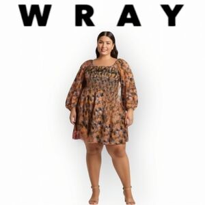 WRAY NYC Smocked Floral Midi Dress Plus Size 4X Puff Sleeve Curvy Fit